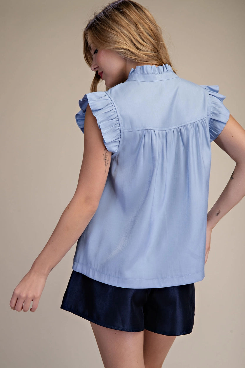 Ruffle Button Up Blouse - Dusty Blue