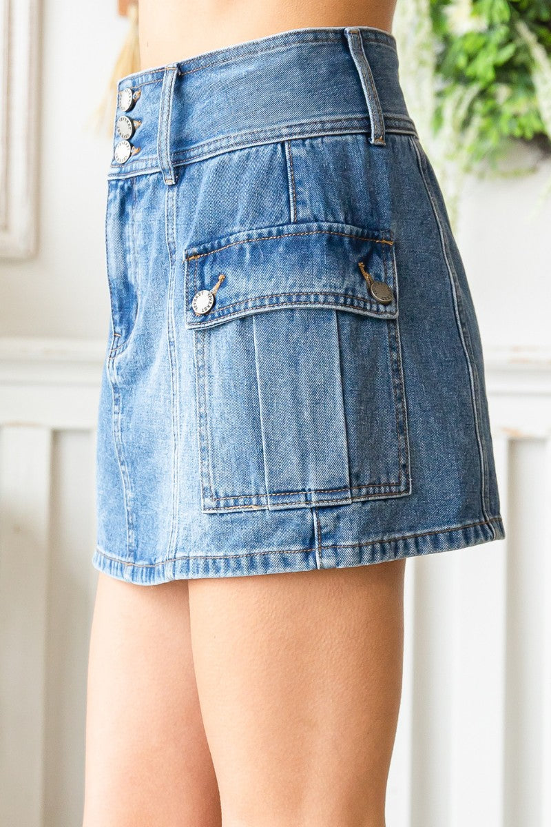 Mid Rise Denim Cargo Mini Skirt