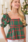 Plaid Lace Trim Baby Doll Puff Sleeve Top - Hunter Green