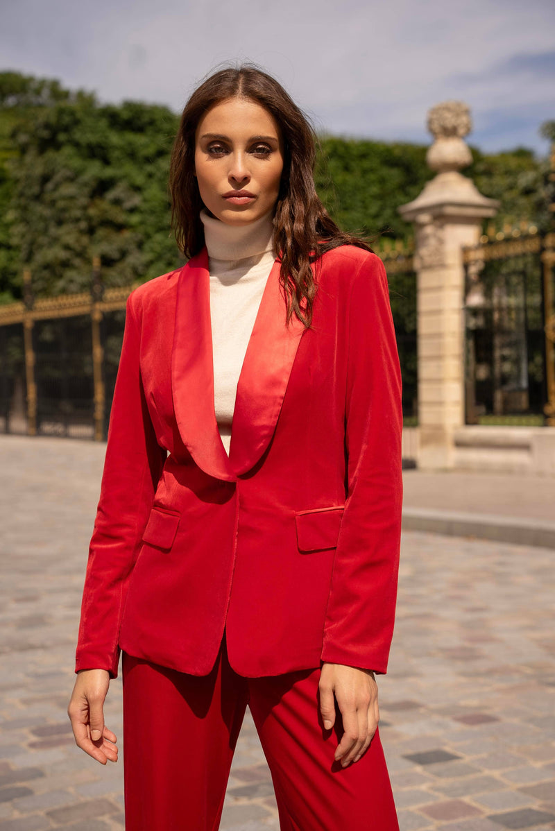 Natasha Velvet Fitted Blazer - Red