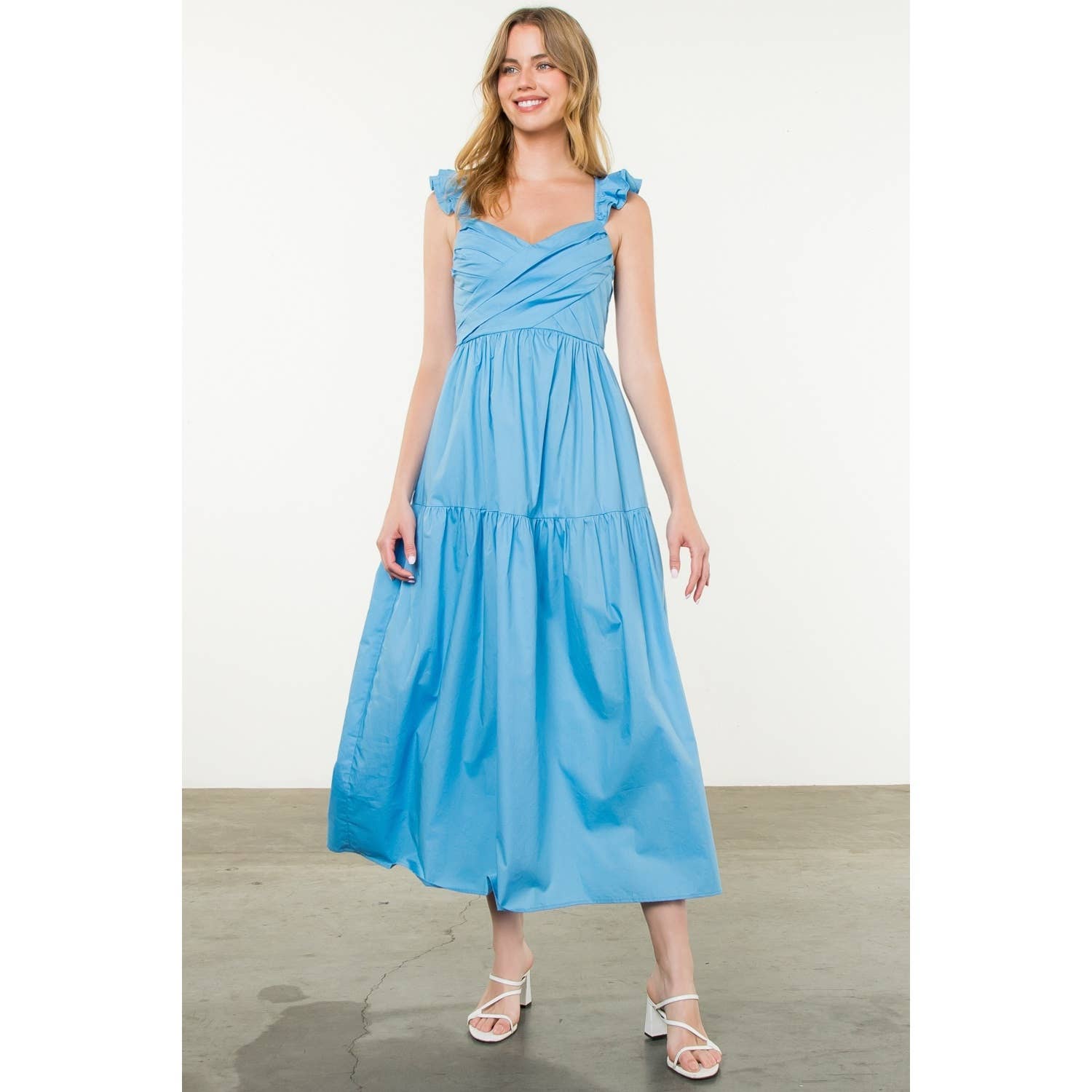 Tiered Poplin Maxi Dress - Blue