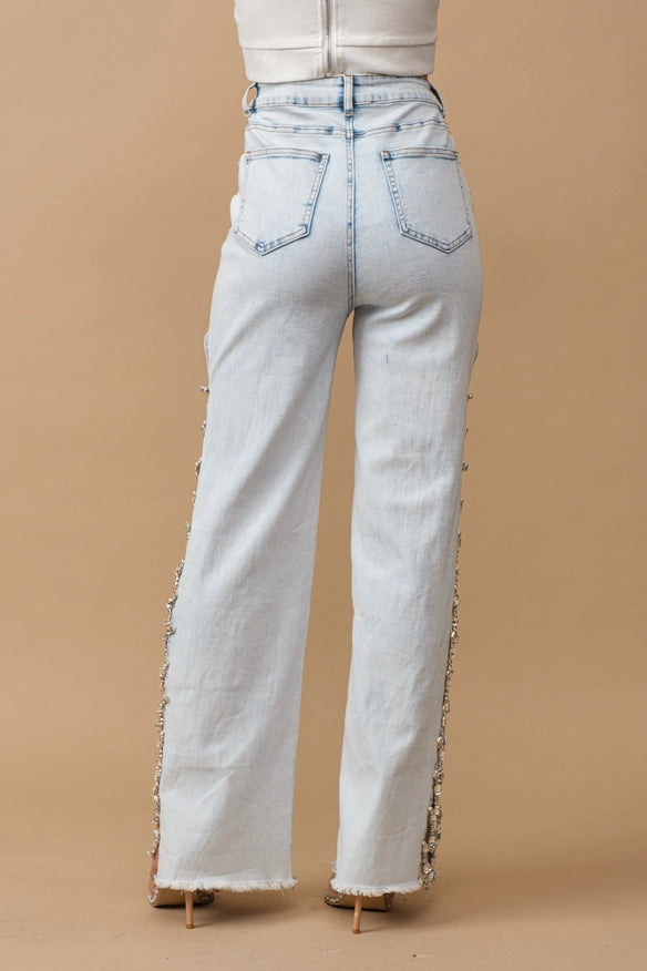 Jeweled Side Cut Jeans - Light Wash - Glam Rodeo