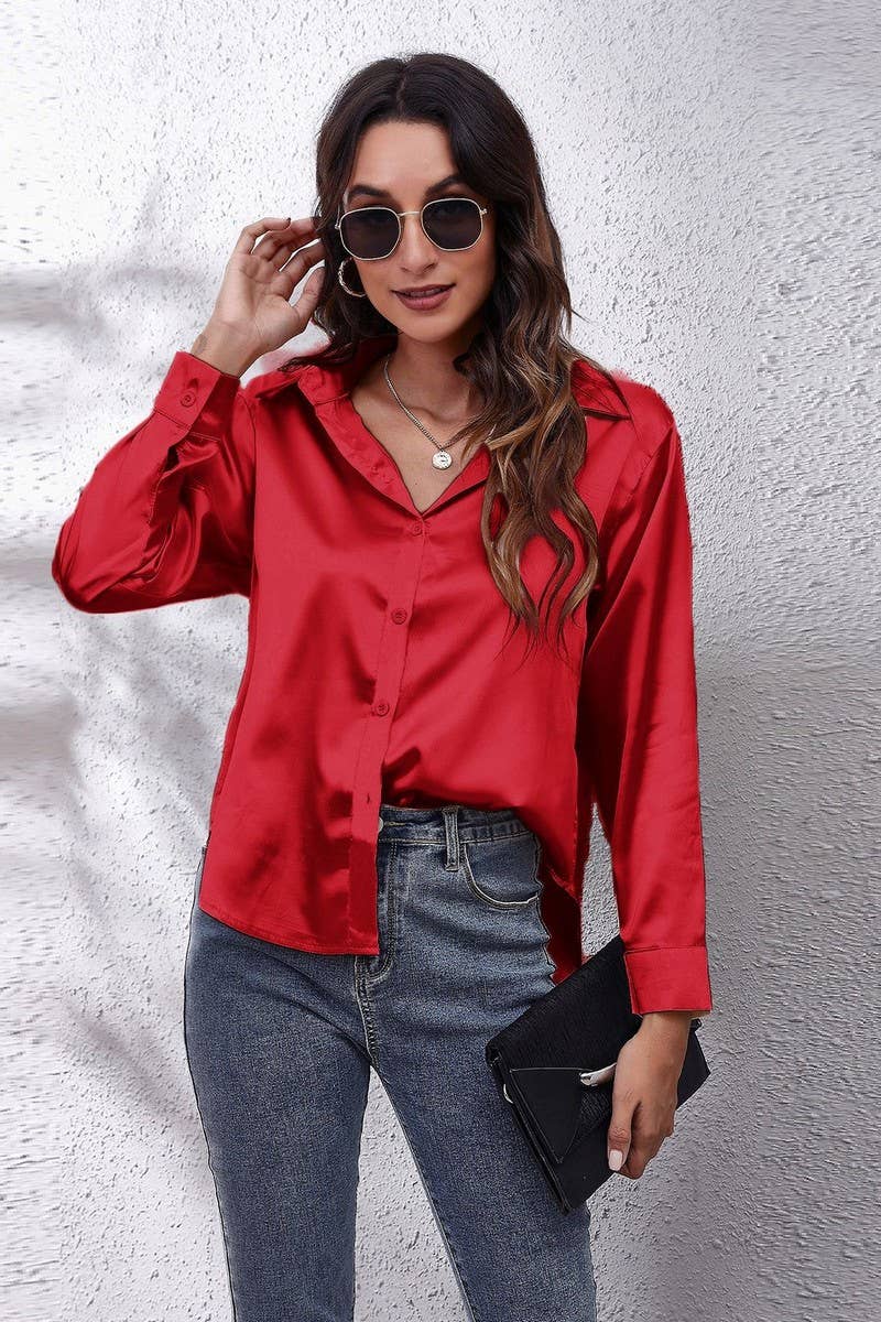 Satin Button Down Blouse - Red