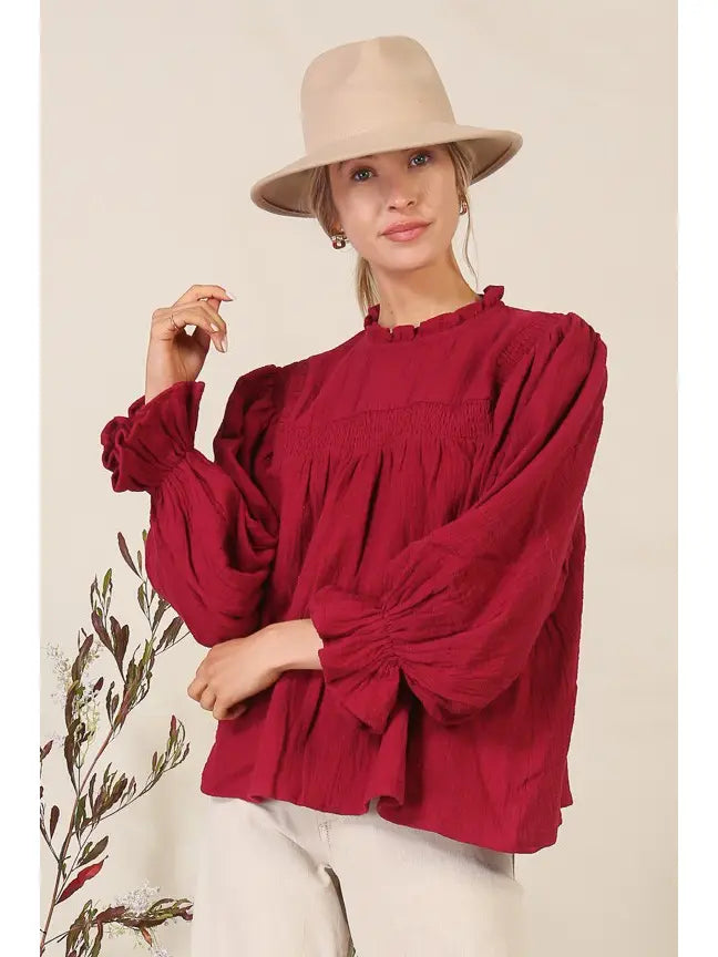 Burgundy Maroon Smocked Top