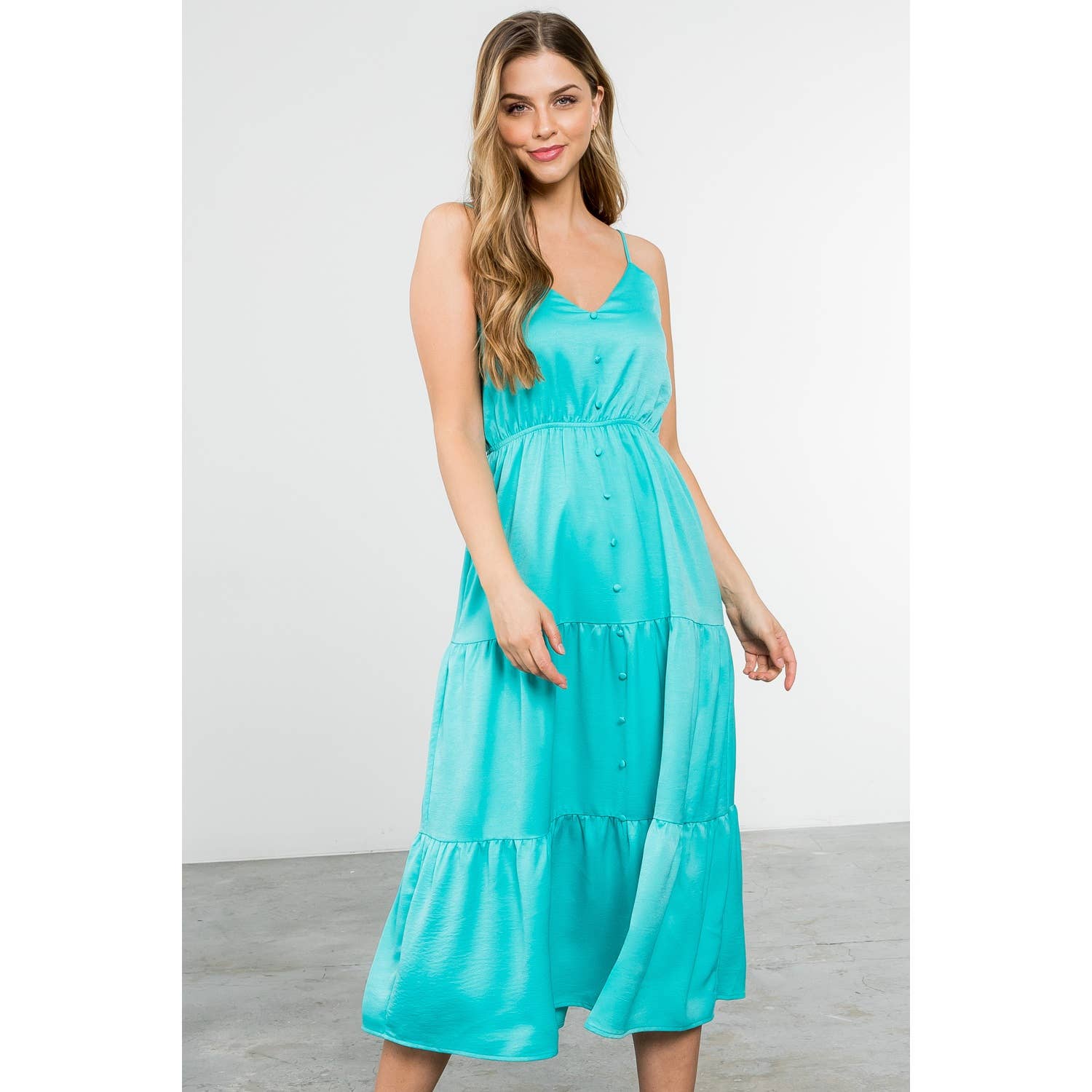 Button Up Tiered Maxi Dress - Aqua