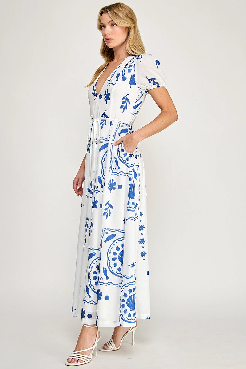 Tile Print Maxi Dress - Off White/Blue