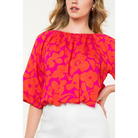 Floral Balloon Sleeve Blouse - Red