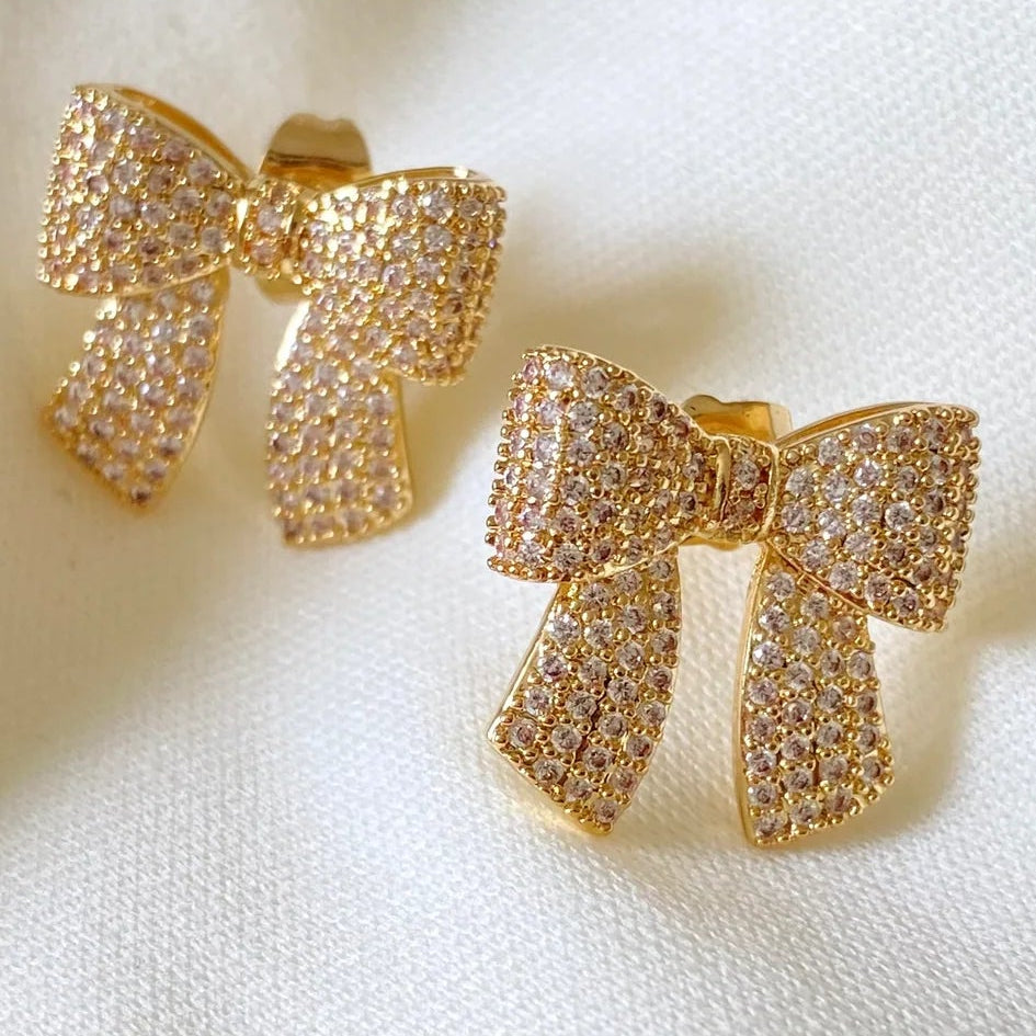 Rhinestone Paved Bow Earrings - Gold