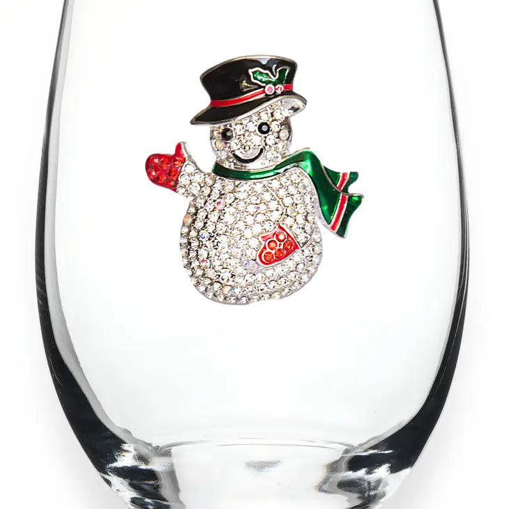 Jeweled Stemless Wine Glass - Snowman