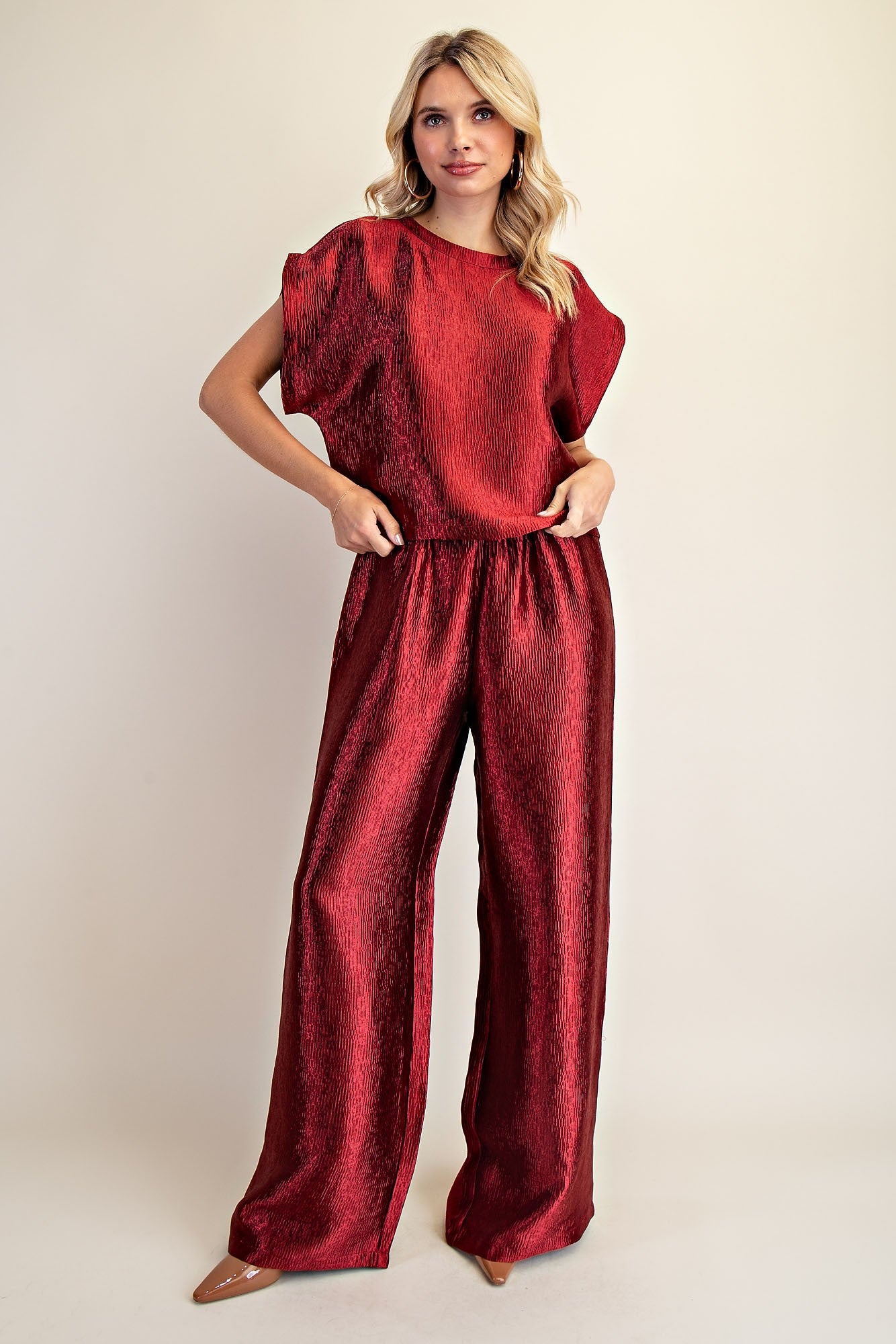 Metallic Wide Leg Trousers - Burgundy Red