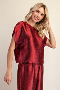 Metallic Drop Sleeve Top - Burgundy Red