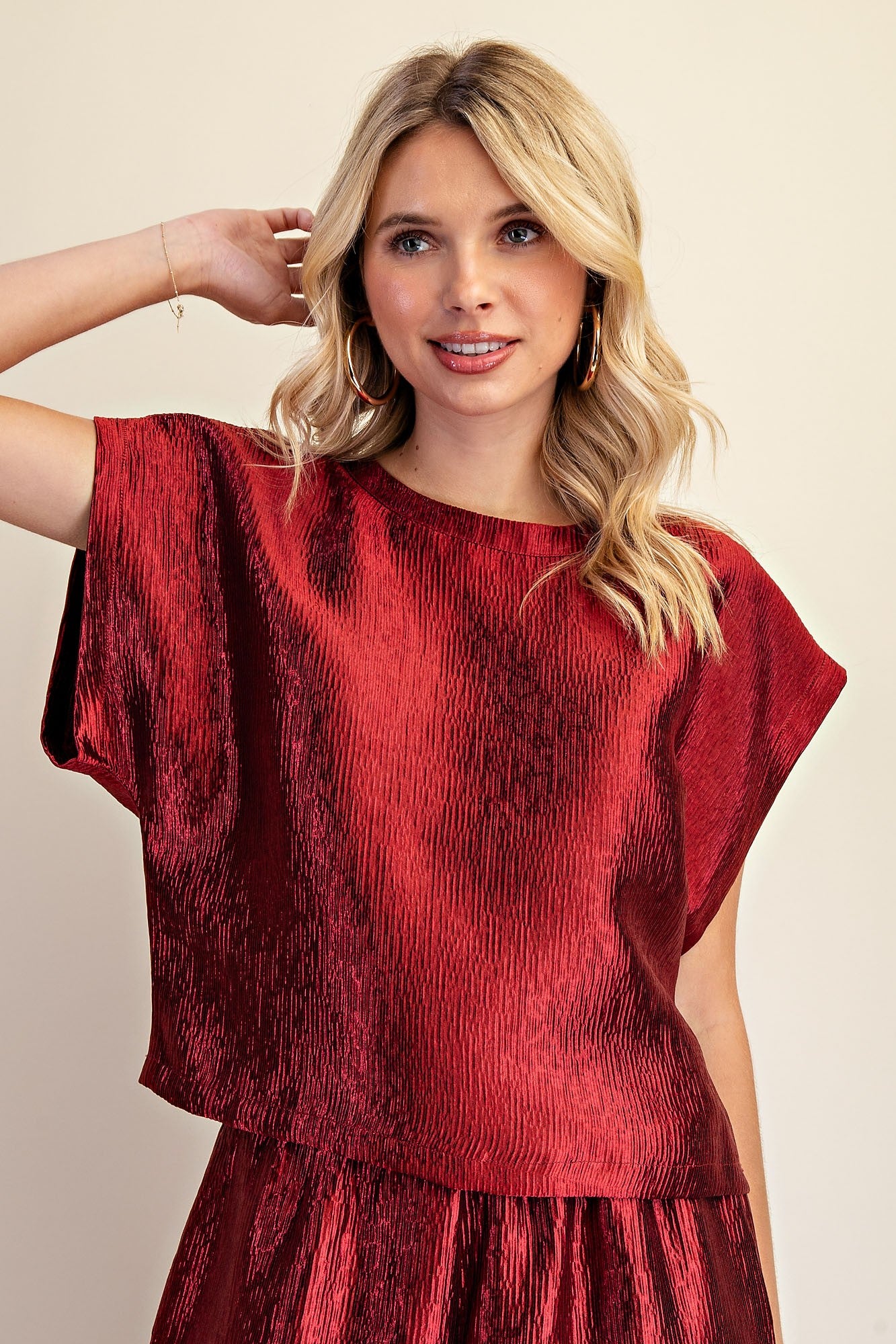 Metallic Wide Leg Trousers - Burgundy Red