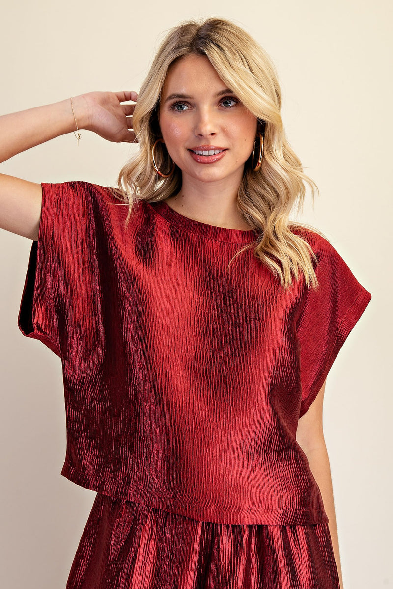 Metallic Wide Leg Trousers - Burgundy Red