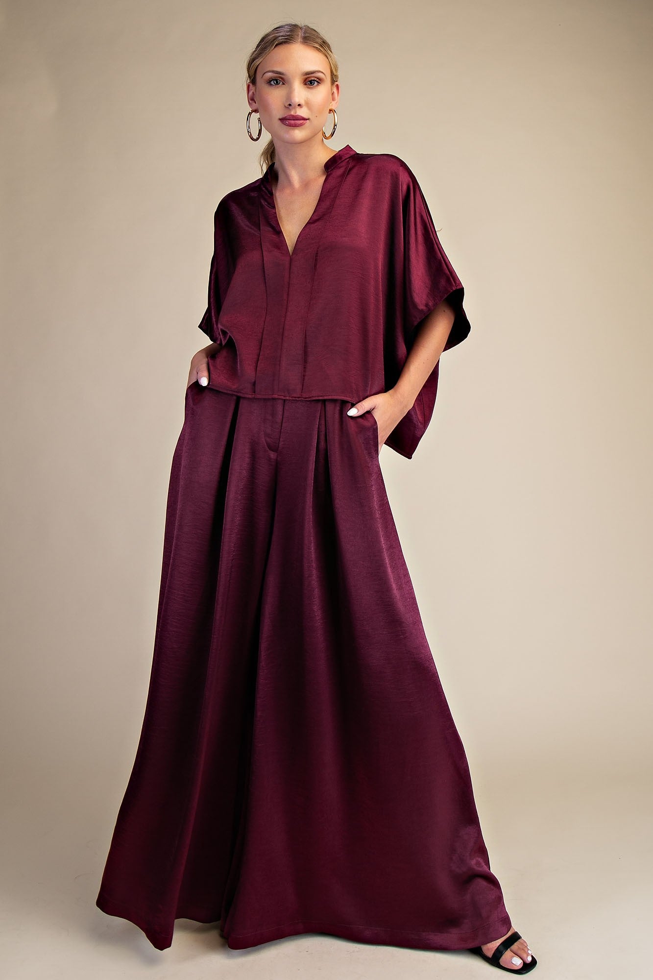 V-Neck Drop sleeve Blouse - Wine