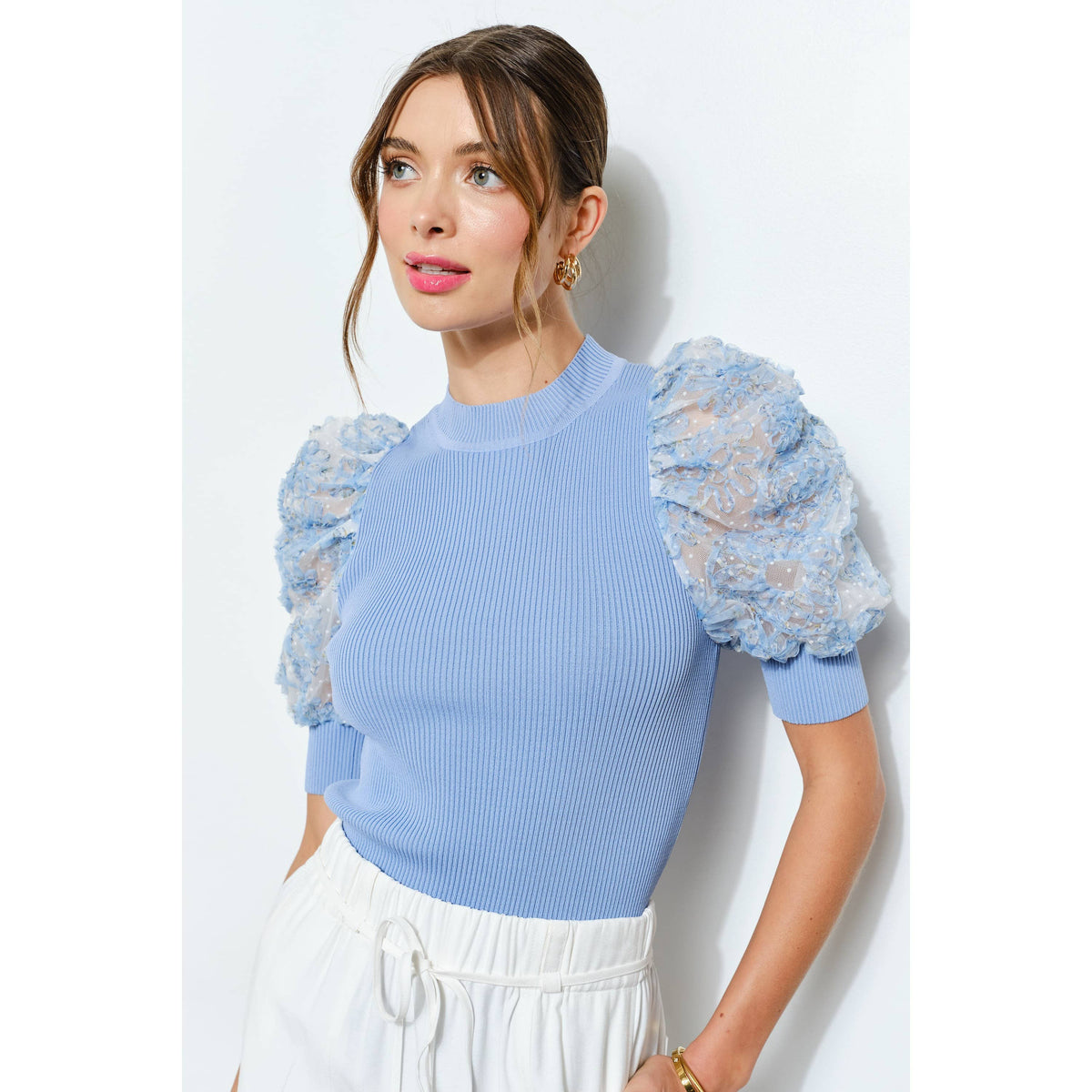 Floral Puff Sleeve Top - Blue