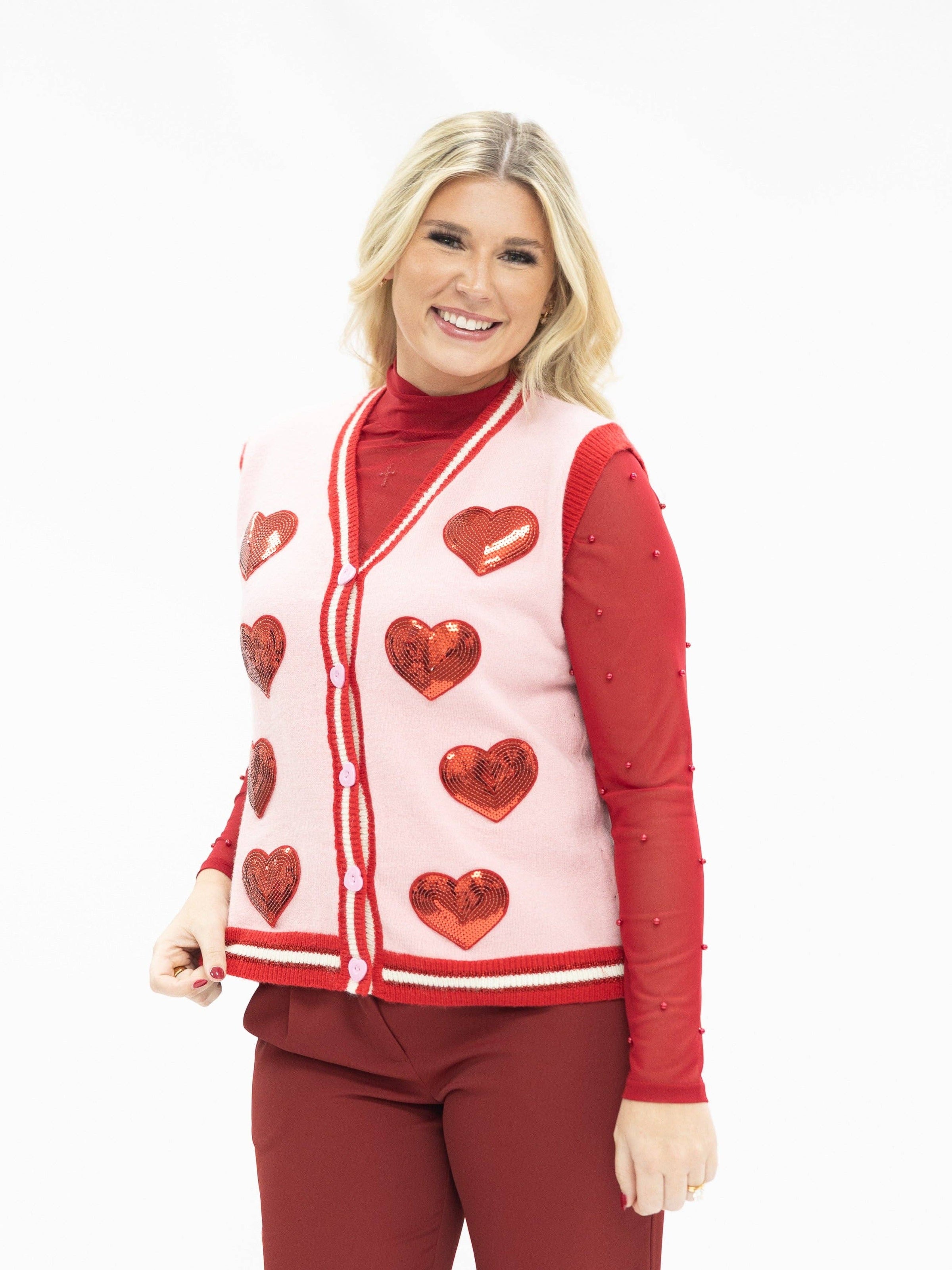 Sequin Hearts Sweater Vest - Pink