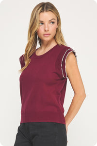Knit Pearl Top - Burgundy