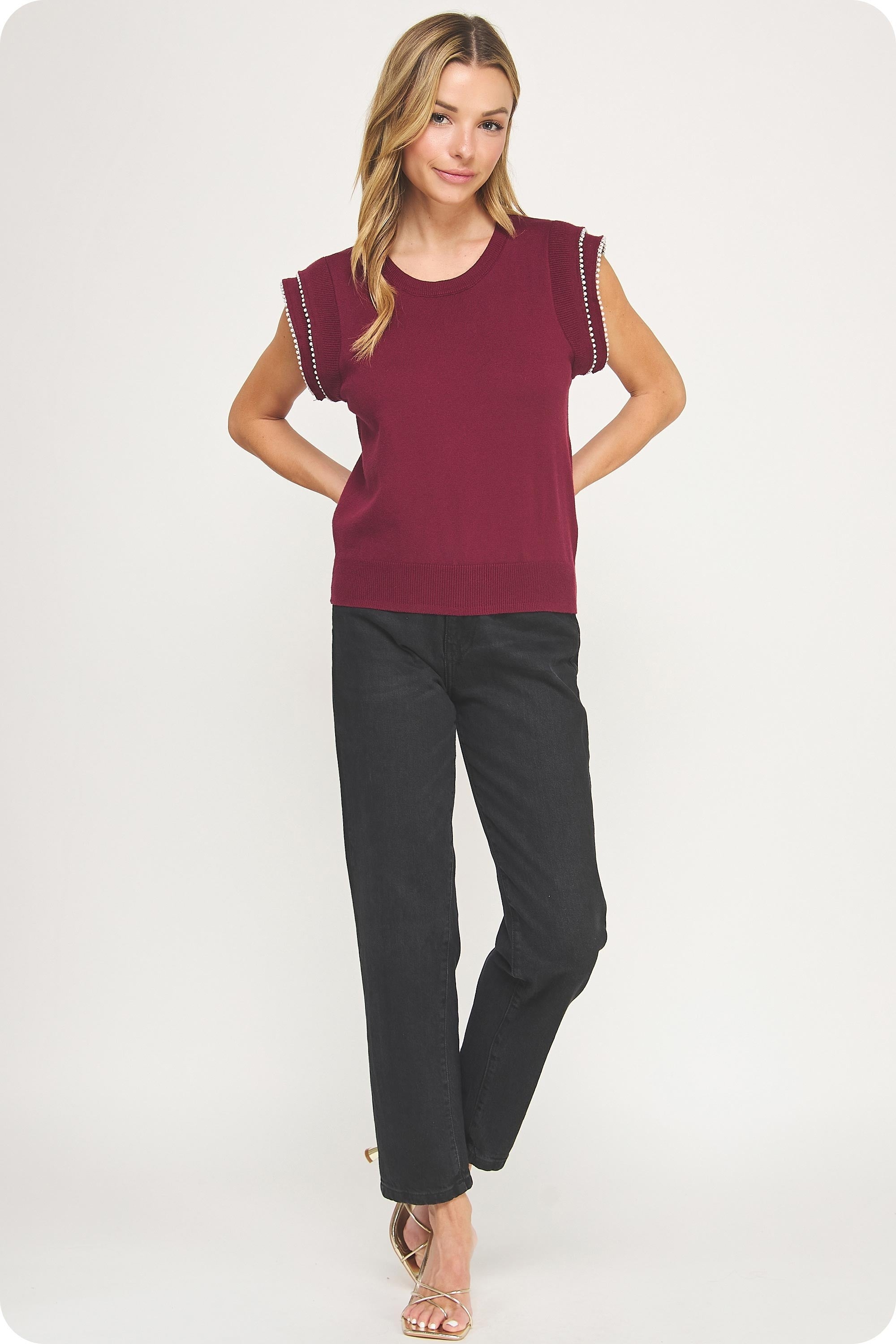 Knit Pearl Top - Burgundy