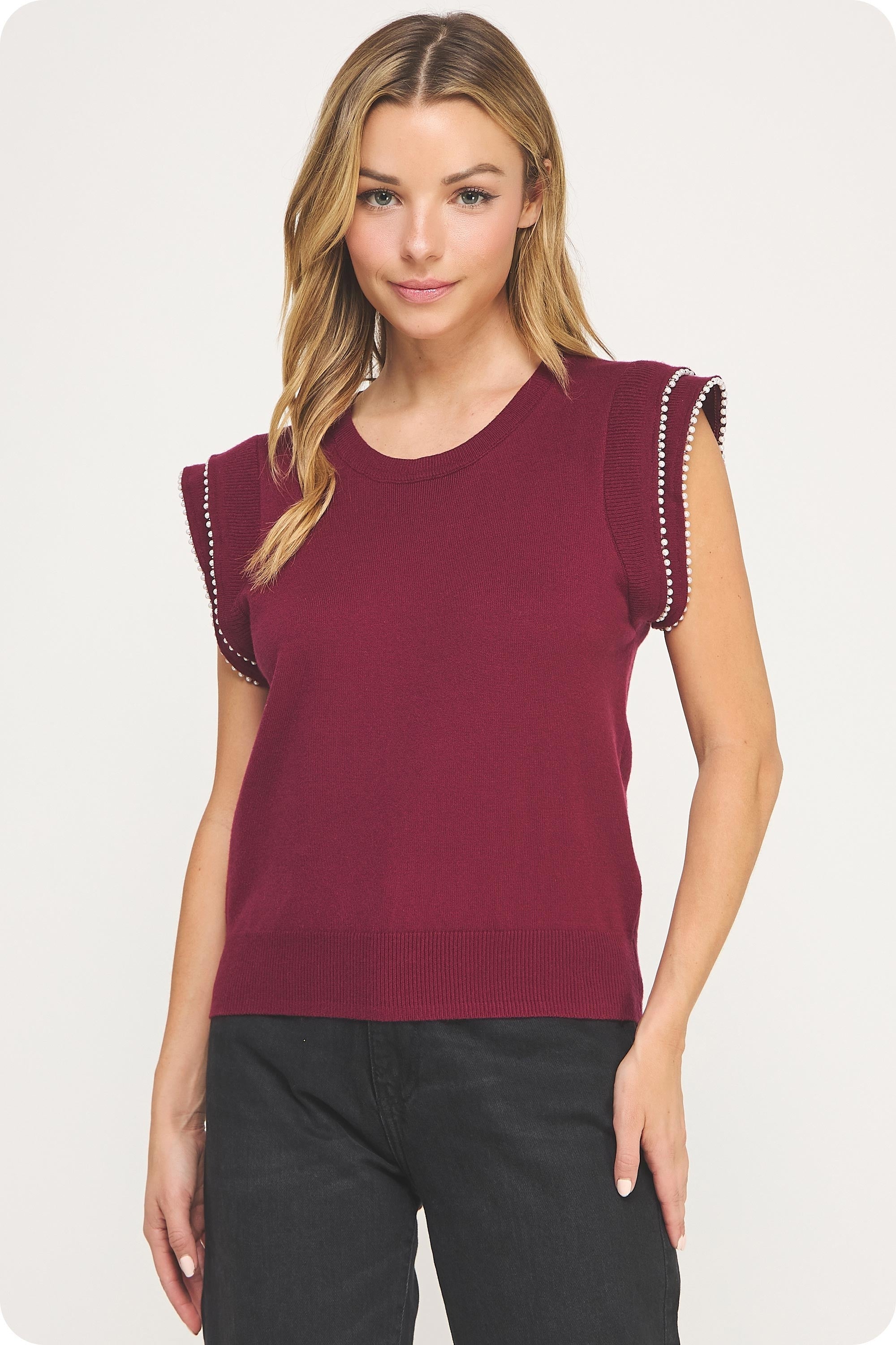 Knit Pearl Top - Burgundy