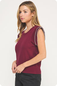 Knit Pearl Top - Burgundy