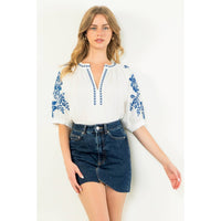 Embroidered Puff Sleeve Top - White