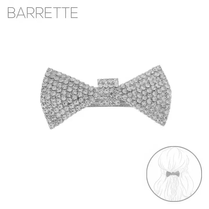 Rhinestone Bow Barrette - Small Silver