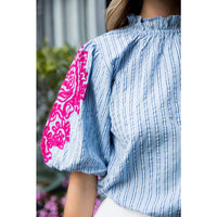 Embroidered Puff Sleeve Top - Blue