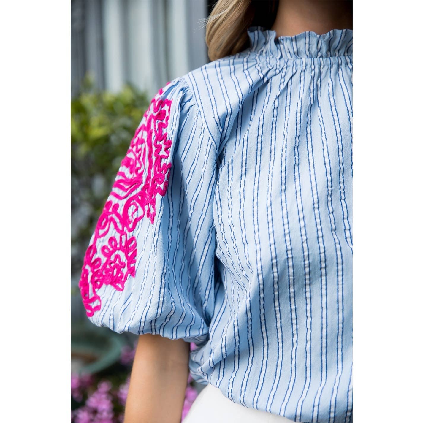 Embroidered Puff Sleeve Top - Blue