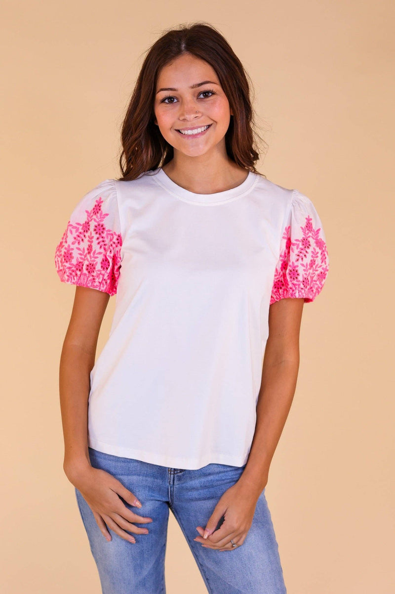 White Top With Pink Eyelet Sleeves