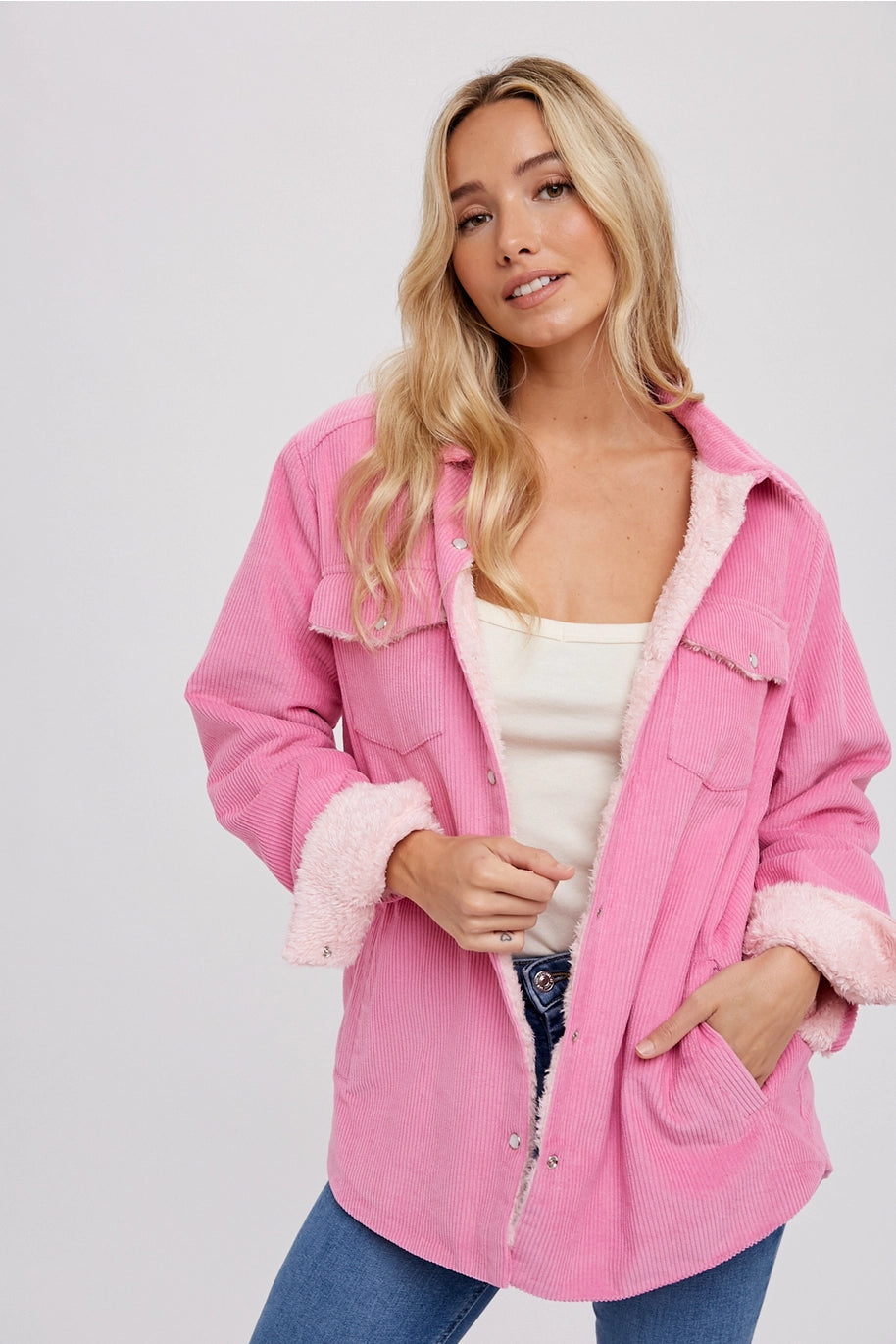 Corduroy Button Up Shacket - Pink
