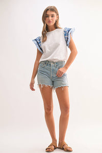 Floral Striped Sleeve Blouse - Blue