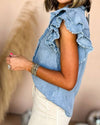 Denim Ruffle Raw Edge Top