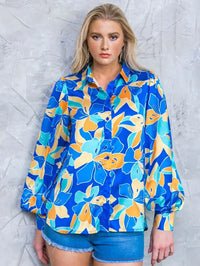 Floral Puff Sleeve Blouse - Blue