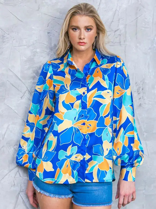Floral Puff Sleeve Blouse - Blue