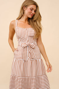 Striped Tiered Midi Dress - Brown