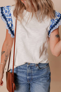 Floral Striped Sleeve Blouse - Blue