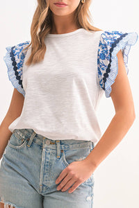 Floral Striped Sleeve Blouse - Blue