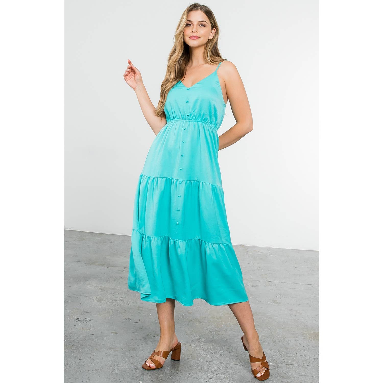 Button Up Tiered Maxi Dress - Aqua