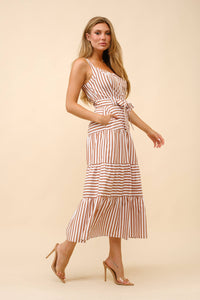 Striped Tiered Midi Dress - Brown