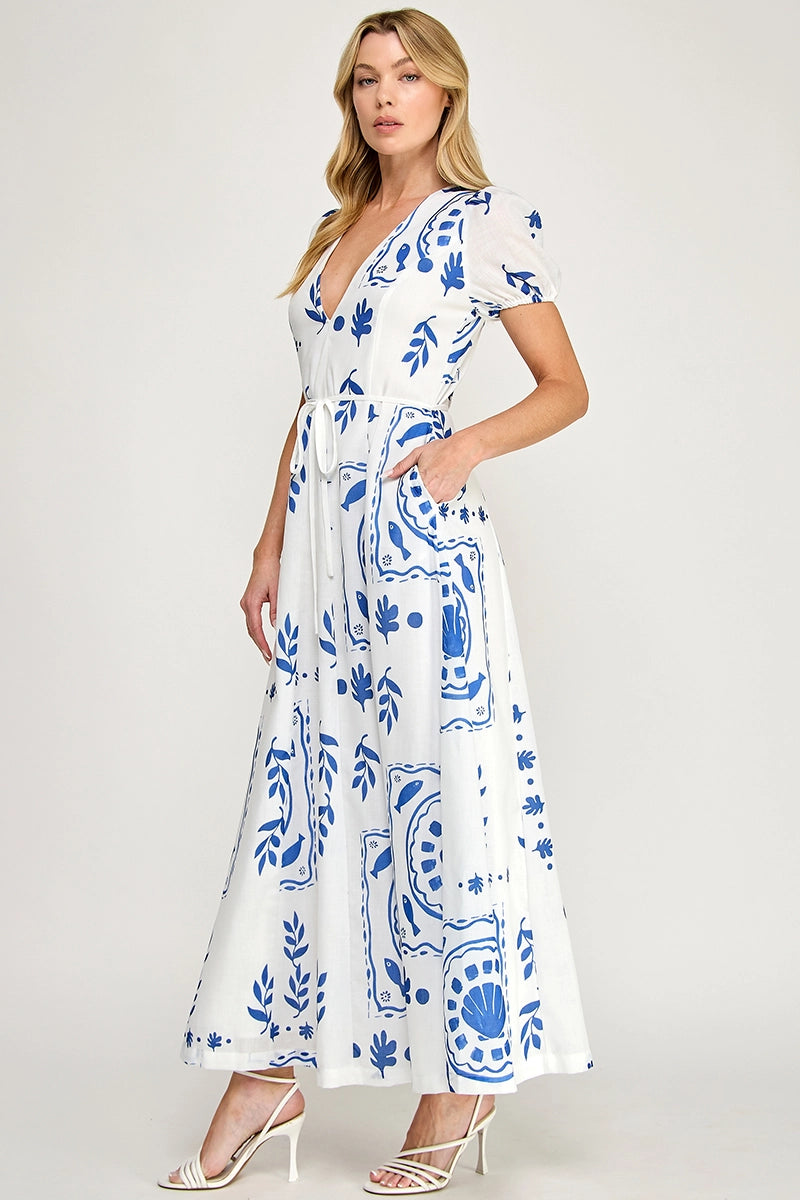 Tile Print Maxi Dress - Off White/Blue