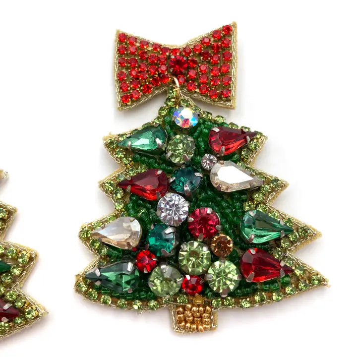 Christmas Tree Beaded Earrings - Bow