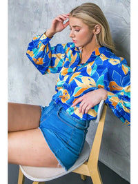 Floral Puff Sleeve Blouse - Blue
