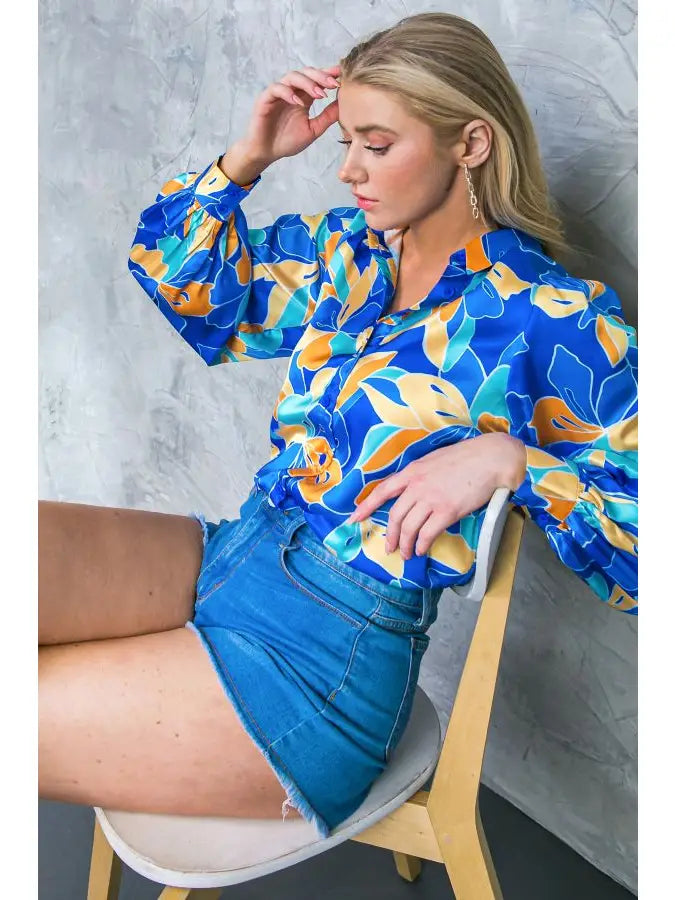 Floral Puff Sleeve Blouse - Blue