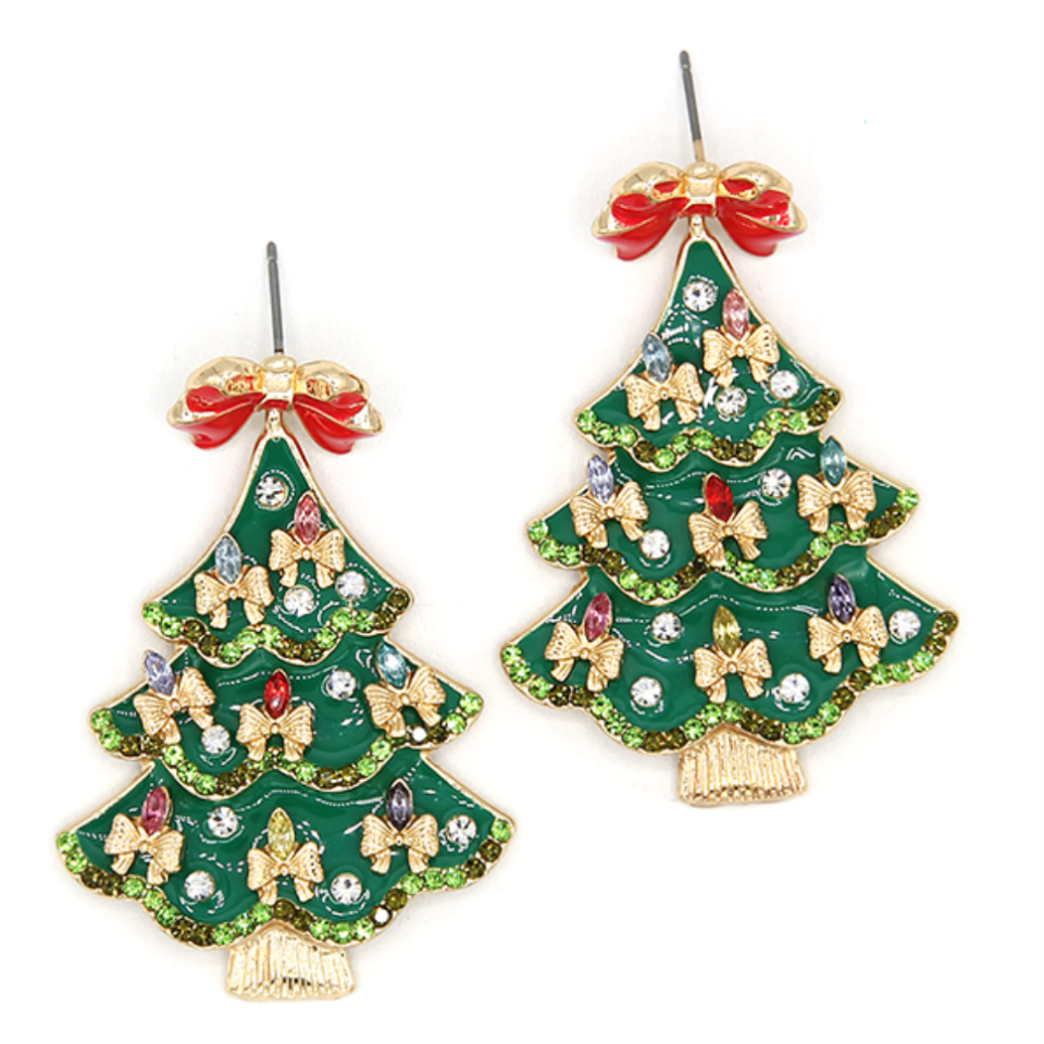 Bow Christmas Tree Earrings - Green