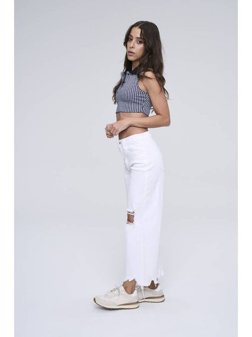 Distressed High Rise Cropped Jeans - White