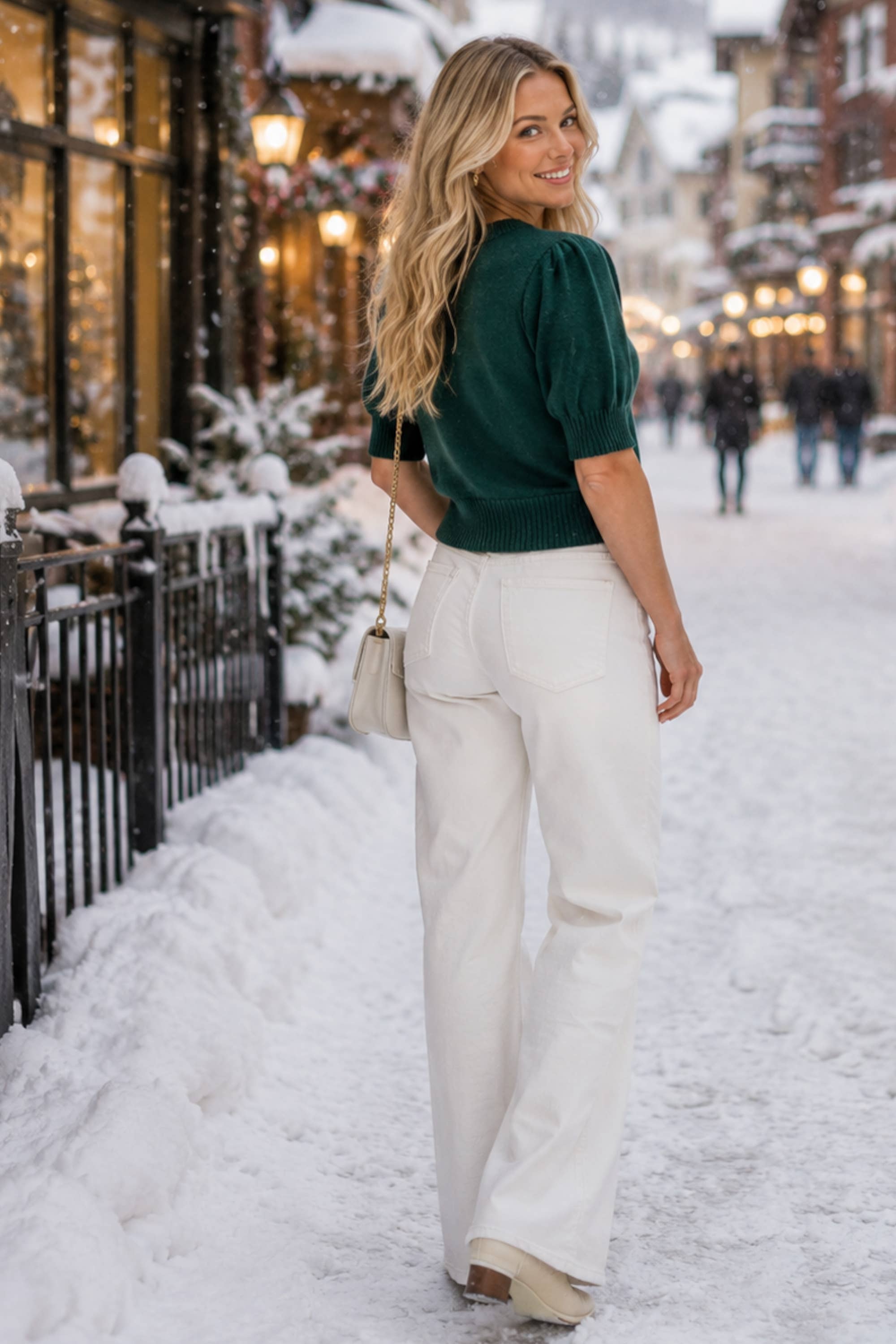 Rhinestone Merry Puff Sleeve Sweater - Green