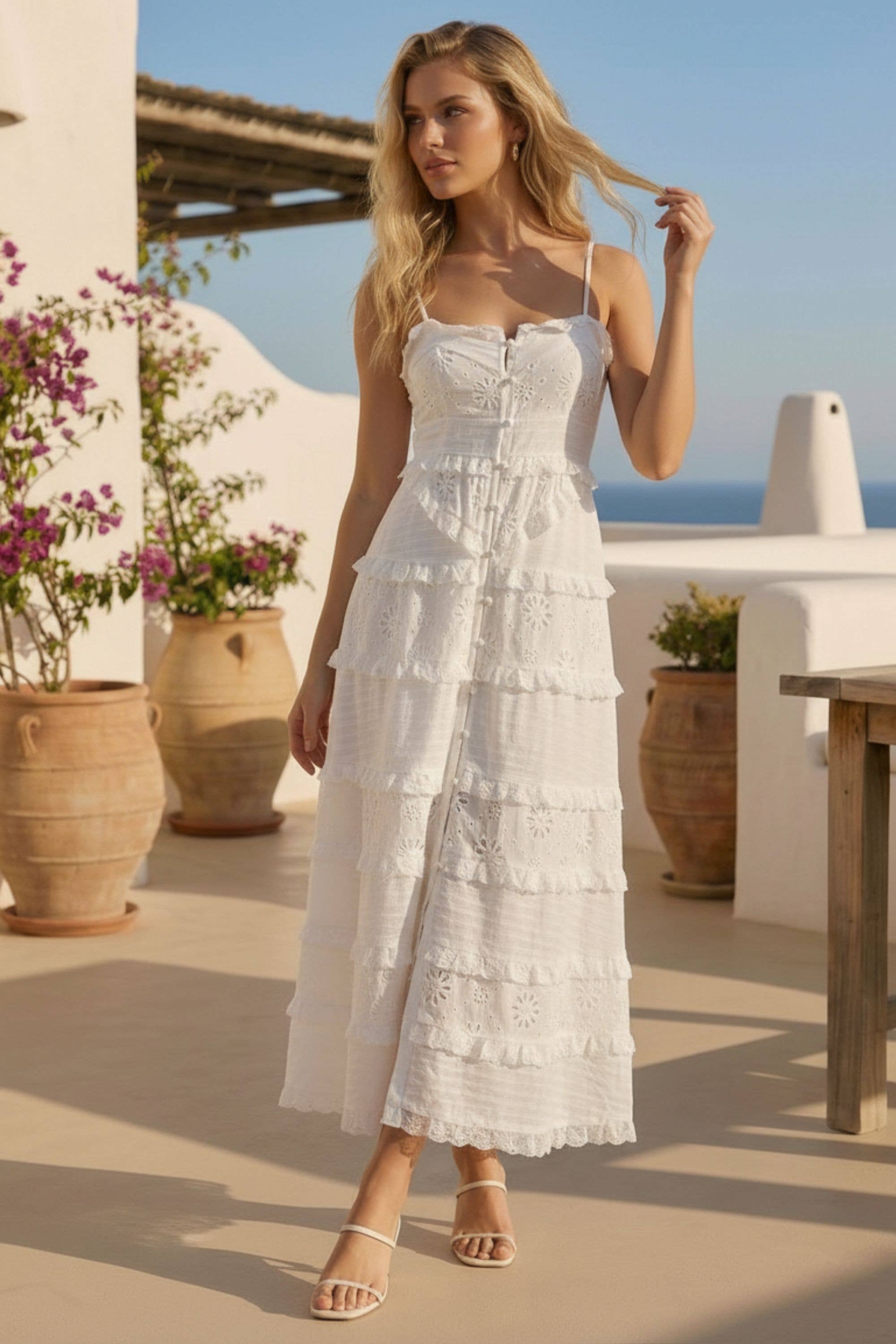 Eyelet Tiered Mini Dress - White