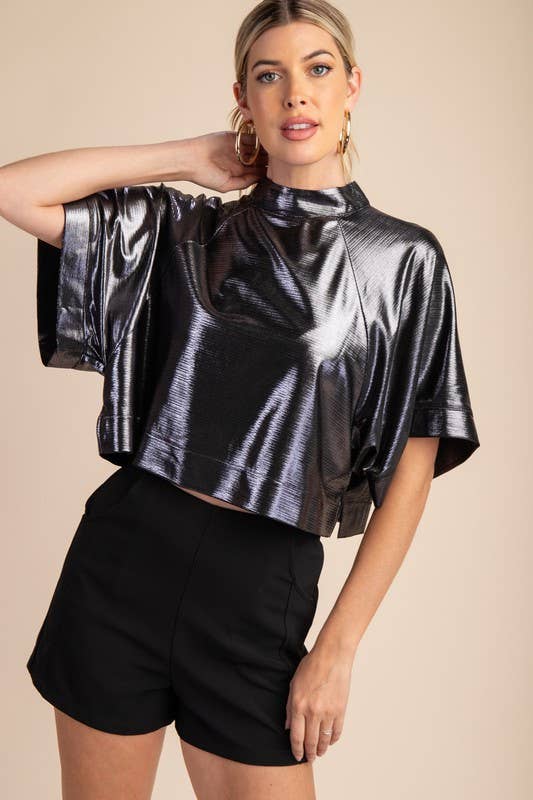 Metallic Mock Neck Top - Silver