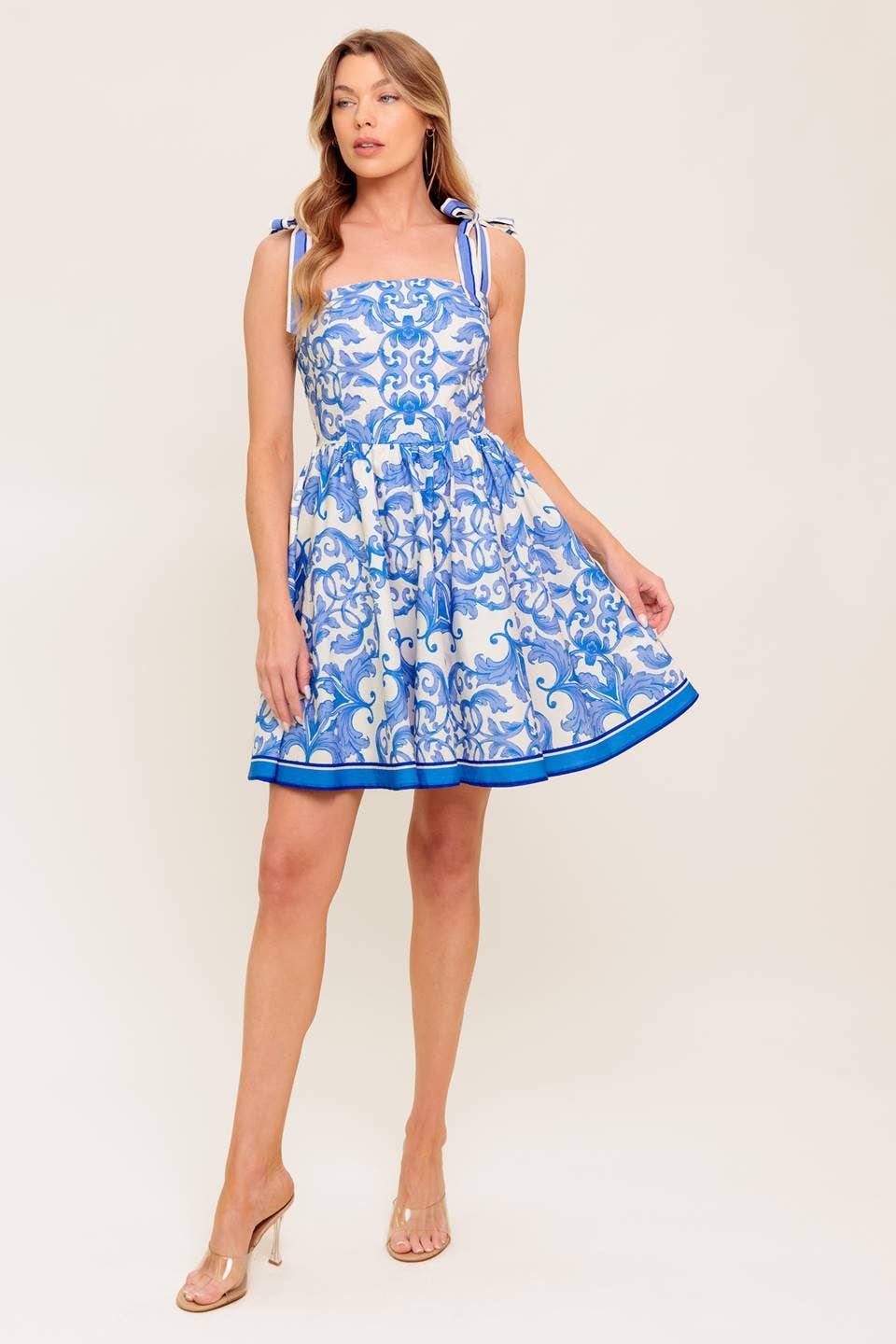 Printed Woven Mini Dress - Blue/Ivory