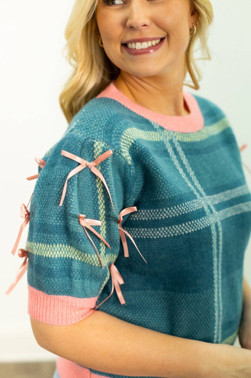 Plaid Puff Sleeve Sweater - Turquoise